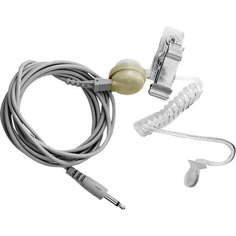 RTS CES-2 complete earset kit for intercom systems with beige boom microphone on gray cable, beige PTT button with clip, coiled clear acoustic eartube, clear earpiece, and 1/8-inch audio plug, 125 ohm impedance