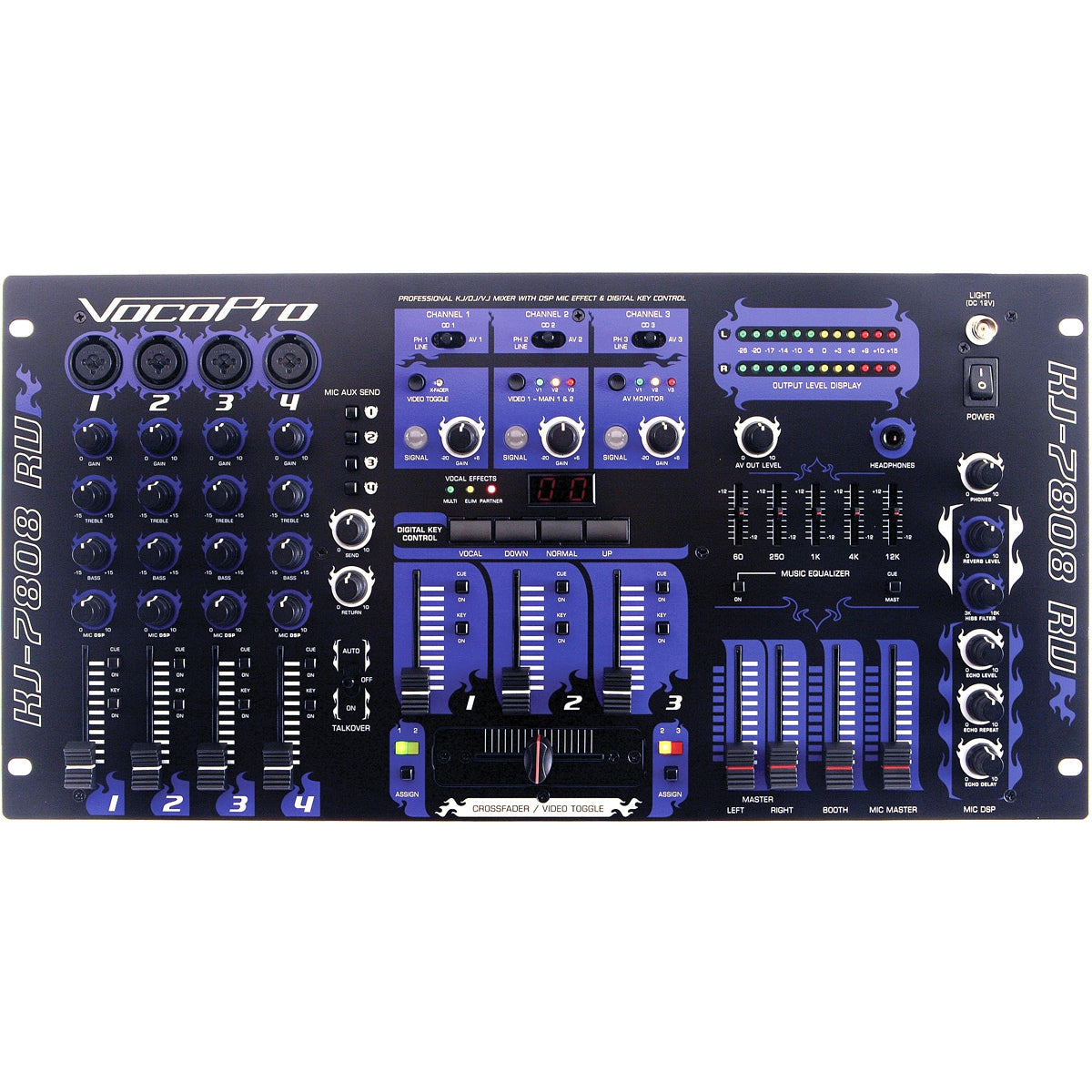 VocoPro KJ-7808 RV Professional KJ DJ VJ Mixer DSP Microphone Effect Digital Key Control