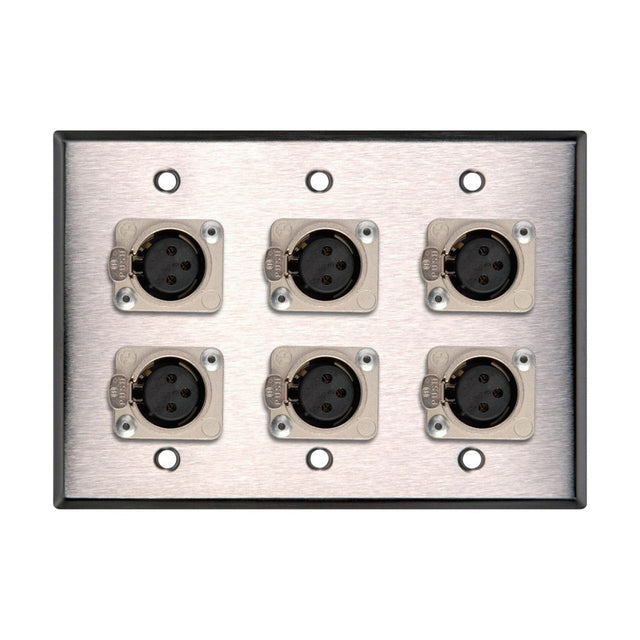 My Custom Shop WPL-3104 3-Gang Stainless Steel Wall Plate with 6 Latching Neutrik 3-Pin XLR-Fs