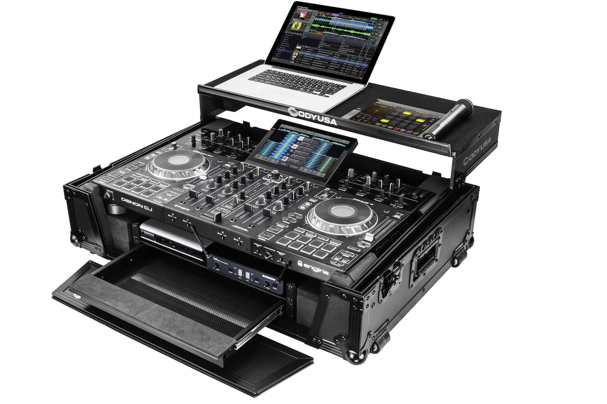 Odyssey Denon Prime 4 Black Flight Case with Patented Glide Laptop Platform and 2U Rack Spaces