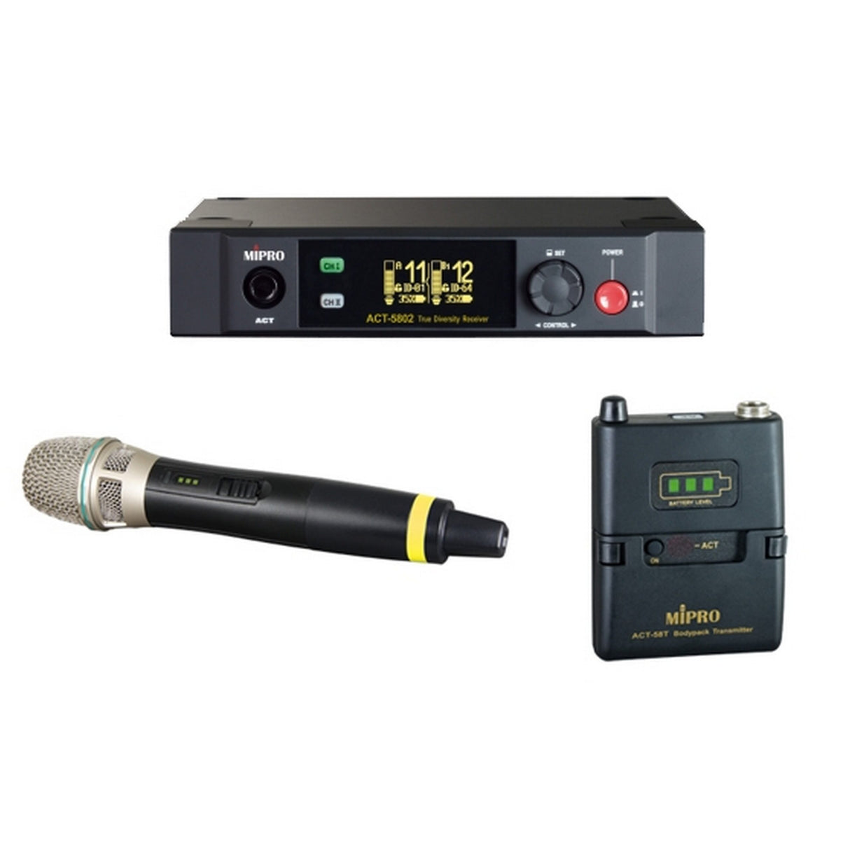 MIPRO ACT-5802/ACT-58HT ISM 5 GHz 1/2U Dual Channel Digital Receiver with Bodypack and Handheld Microphone Transmitter