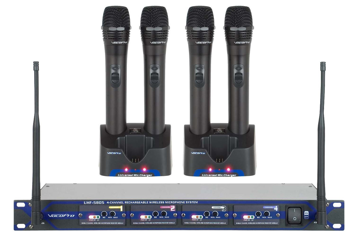 VocoPro UHF-5805 Professional Rechargeable 4-Channel UHF Wireless Microphone System, Frequency 10