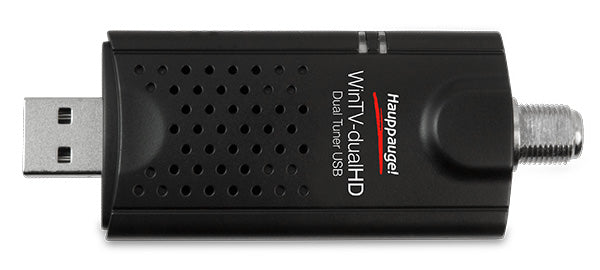 Hauppauge WinTV-dualHD dual tuner USB TV receiver stick with black vented body, USB connector on one end, and F-type coaxial antenna input on the other