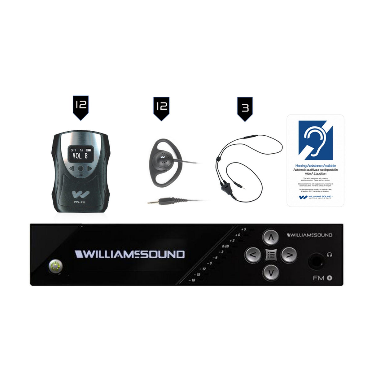 Williams AV FM 558-12 Large-Area Dual FM and Wi-Fi Assistive Listening System with 12 FM R38 Receivers