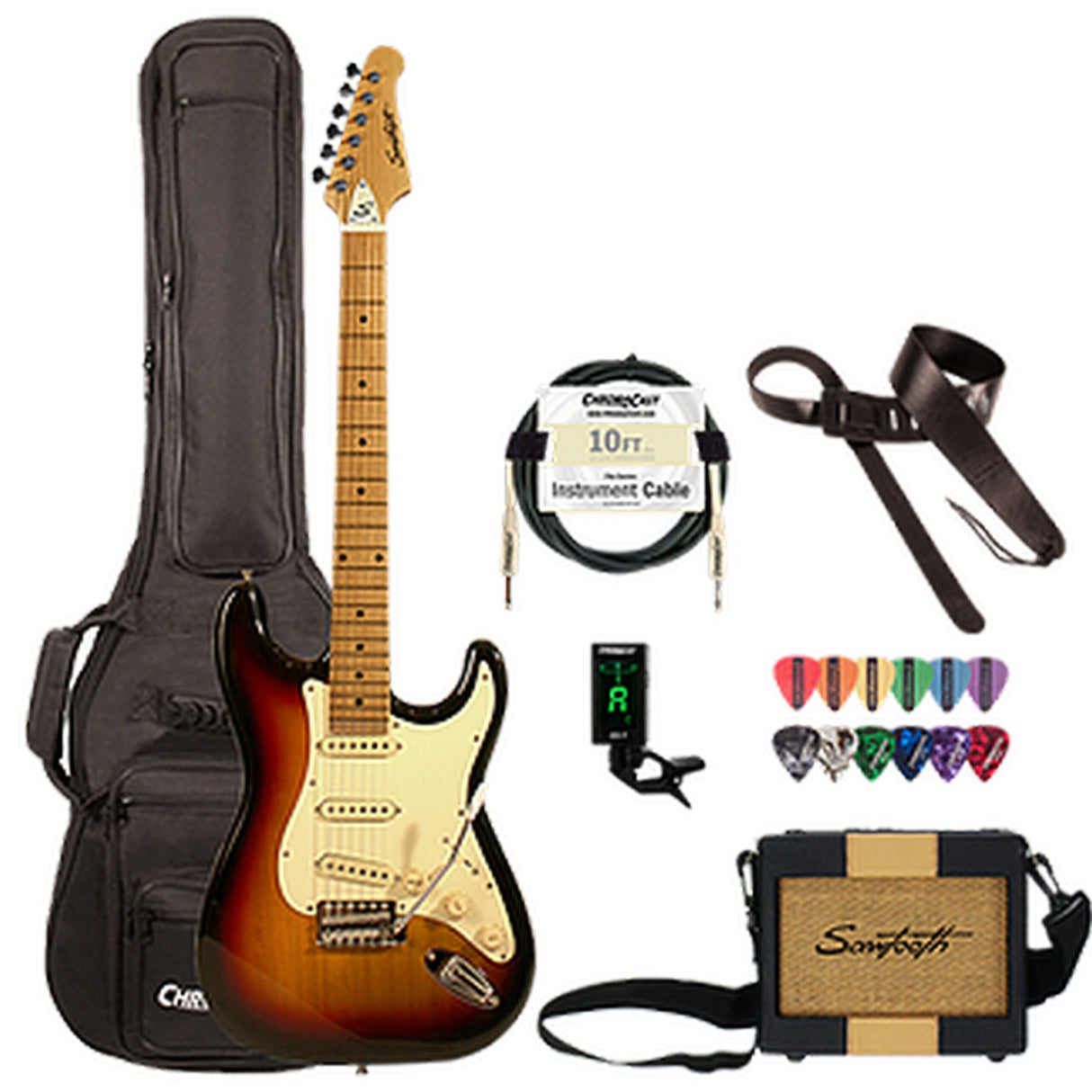 Sawtooth ES Series Electric Guitar Travel Bundle with 5-Watt Amp, Padded Case, Cable Tuner and Picks, Sunburst