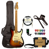 Sawtooth ES Series Electric Guitar Travel Bundle with 5-Watt Amp Padded Case Cable Tuner and Picks Sunburst - guitar