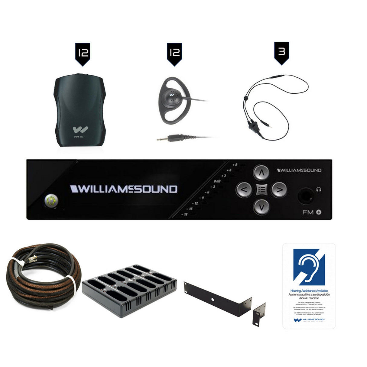 Williams AV FM 557-12 PRO D Large-Area Dual FM and Wi-Fi Assistive Listening Dante System with 12 FM R37 Receivers