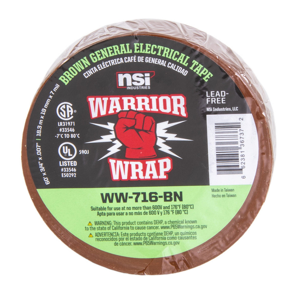 WarriorWrap WW-716-BN 716 General 7 mil Electrical Tape, Brown, .75-Inch W x 60-Feet