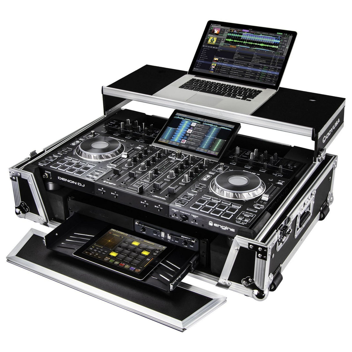 Odyssey Denon Prime 4 Flight Case with Patented Glide Laptop Platform and 2U Rack Spaces