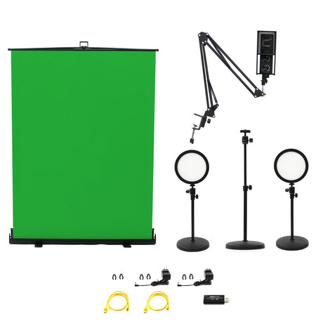 Ikan HS-KIT-4 HomeStream Video Kit with 2 Desktop Lights Green Screen Podcast Microphone and Camera Stand