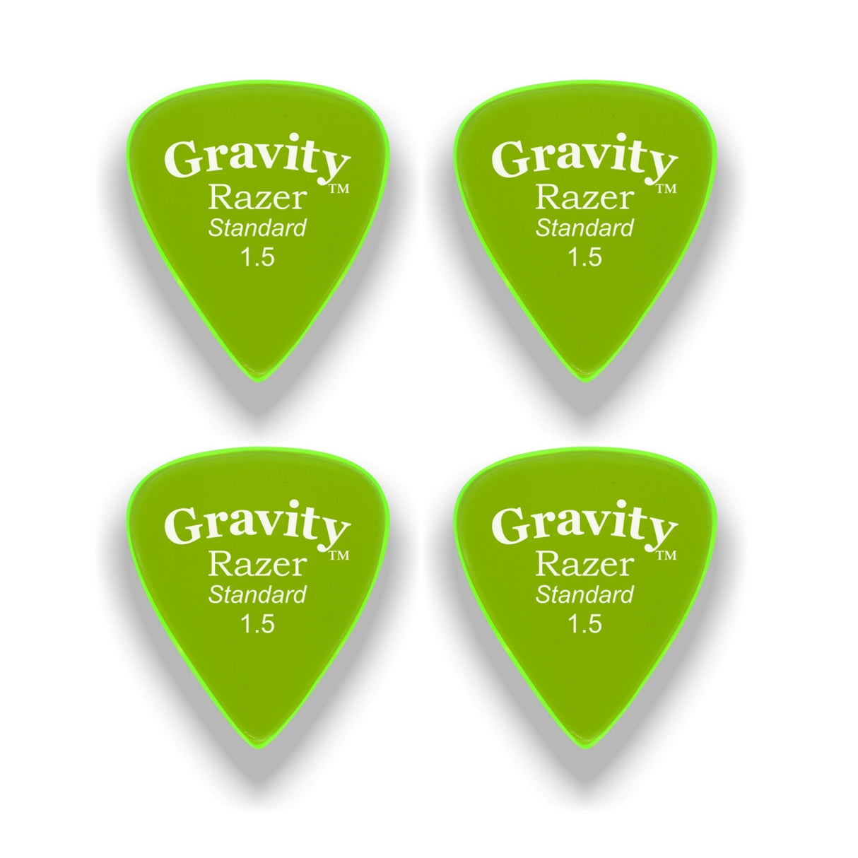 Gravity Picks GRAS15P-4pk Razer Size Picks, Polished, Standard Size, 1.5mm, Fluorescent Green, 4-Pack