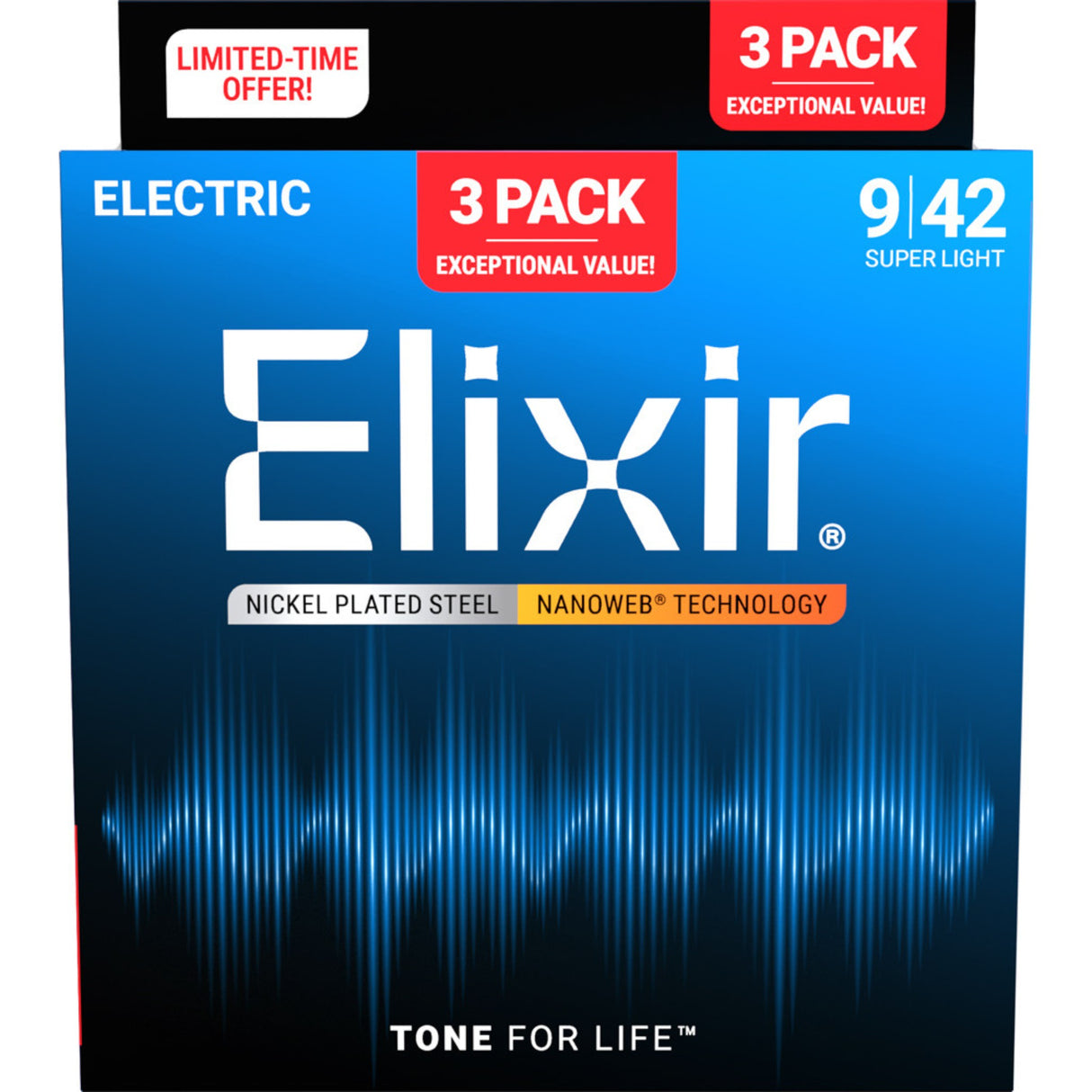 Elixir 16540X Nickel-Plated Steel NANOWEB Electric Guitar Strings 3-Pack - Super Light (9-42)