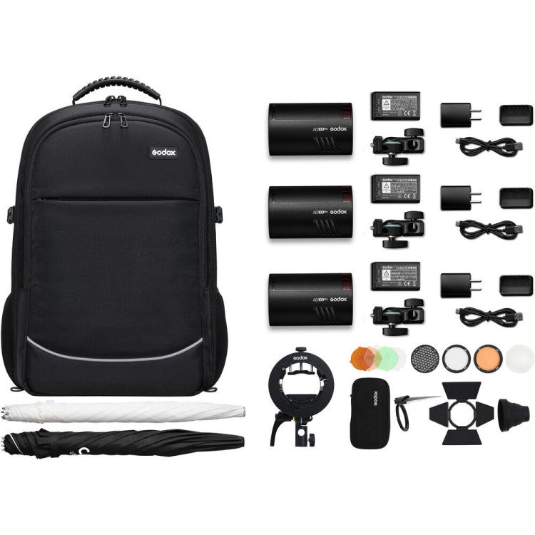 Godox AD100Pro 3-Light Pocket Flash Kit with Umbrellas and CB-20 Bag