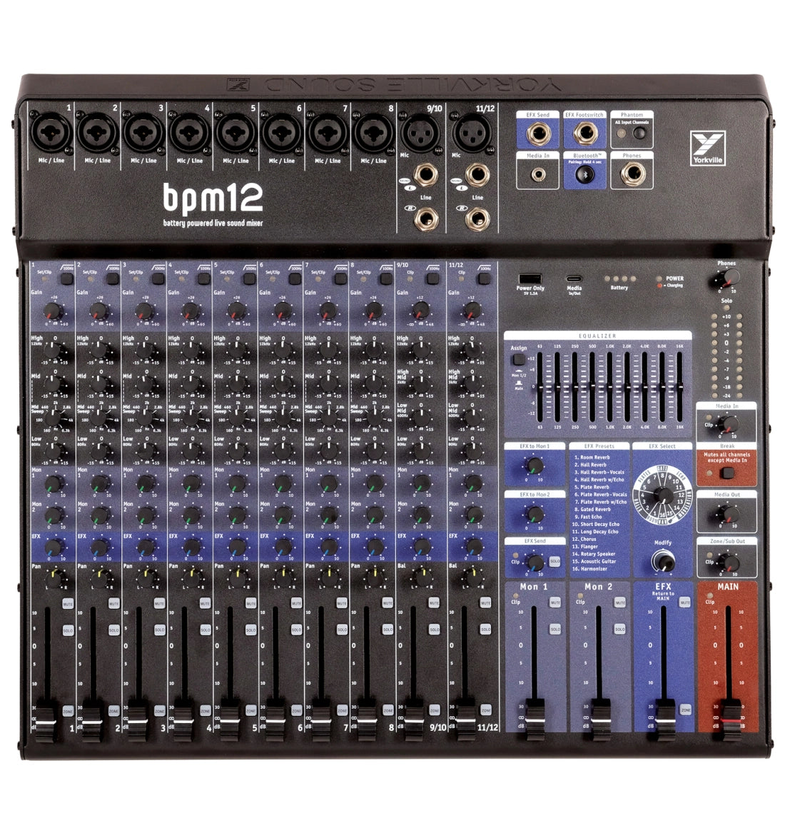 Yorkville BPM12 Battery-Powered 12-Channel Mixer with Bluetooth and USB-C
