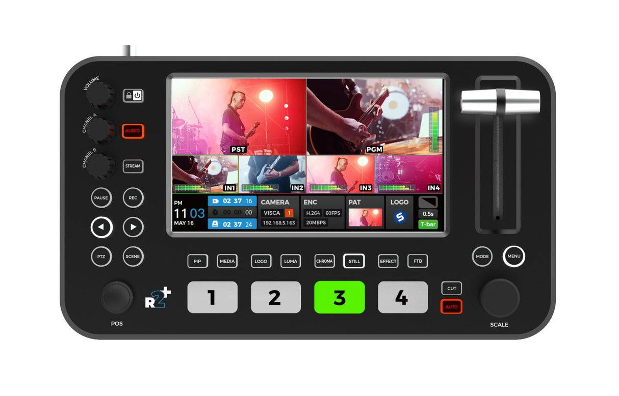 Sprolink NeoLIVE R2 Plus video switcher top-angle view showing controls and T-Bar on white background